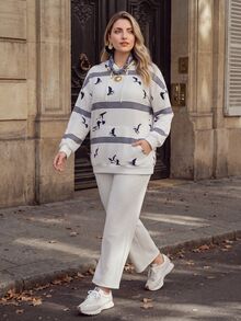 Miaspire Sweatshirt Wanita Ukuran Besar Motif Garis-garis Bahu Longgar Lengan Panjang Kasual dengan Saku dan Tali Serut, Cocok untuk Musim Gugur - MultiWarna - View 5