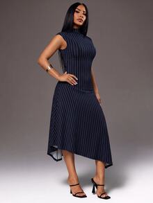 Radiana Minimalistisches modisches elegantes marineblau gestreiftes figurbetontes Kleid, asymmetrisches A-Linien-Midikleid, hoch elastisches gestricktes tailliertes Kleid, elegantes Kleid, Pendlerkleid, Arbeitsoutfit, lässiger Alltagskleidung, urbaner Stil - Blau - Übersicht 3