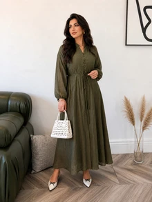 Solavon Plus Size Women Solid Color Notch V-Neck Long Sleeve Waist Tie Casual Dress - Army Green - View 7