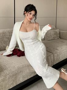 Feyla Women's Solid Color Long Sleeve Knit Cardigan And Camisole Knit Dress Elegant Set - White - View 5