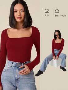 SHEIN BASICS 女款休閒純色方領修身短袖上衣 酒紅色 日常約會秋季穿搭 - 酒紅色 - 查看 6