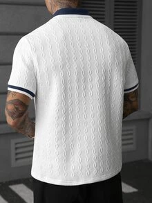 Manfinity Homme 男士時尚休閒短袖 Polo 衫，男士針織提花上衣，圖案短袖 Polo 衫，復古風格，日常休閒 - 白色 - 查看 2