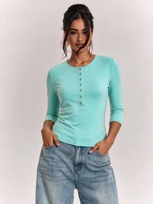 SHEIN BAE Women's Solid Color Button Half-Placket 3/4 Sleeve Casual Top Fall Clothes For Women ,Summer, Winter Clothes - Mint Blue - View 6