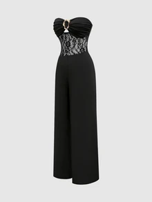 Sweetra Women's Elegant Versatile Fashion Commute & Top Bandeau Contrast Lace Black Jumpsuit - Black - View 3
