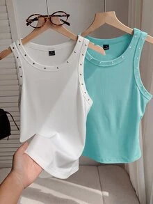 Comfortcana 女款鉚釘裝飾休閒百搭日常穿搭上衣 - 綠色 - 查看 6