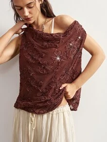 Bohemela Women's Cowl Neck Floral Textured Fashion Loose Tank Top - Brown - View 5