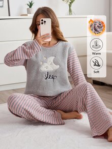 SHEIN Women 2pcs Striped Rib Knit&Fuzzy With Cute Graphic Embroidery Detailed Round Neck Long Sleeved & Long Pants Homewear Comfort Pajama Set - Pink - View 8