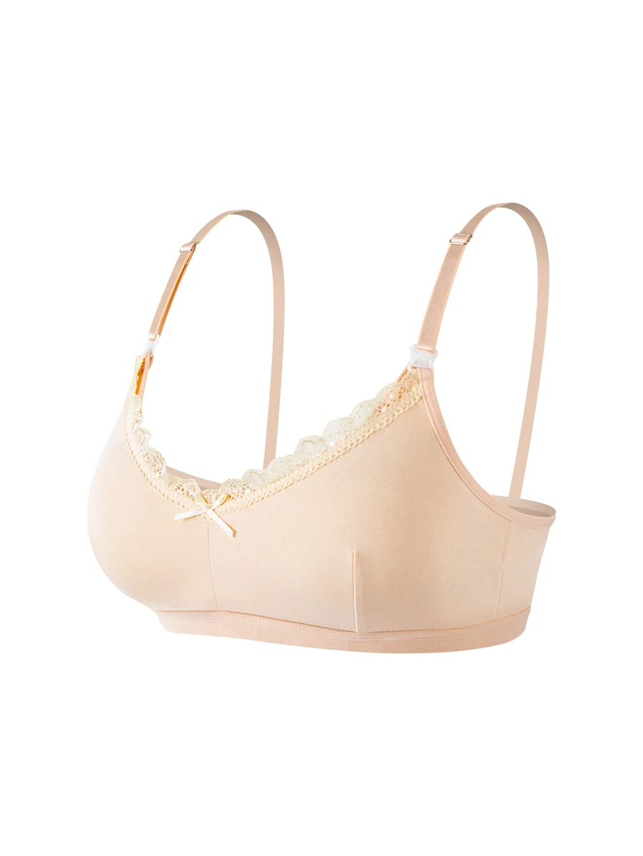 Moonlight&Mama Maternity Solid Color Contrast Lace Bow Decor Comfortable Bra - Apricot - View 1