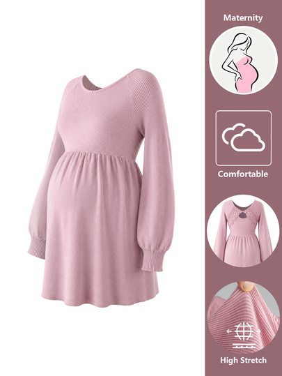 SHEIN Maternity Sweater Dress, Loose Fit, V-Neck, Lace Back Patchwork, Cinched Waist, Lantern Sleeve Design, Elegant Date, Long Sleeve Knit Dress, Casual Everyday Versatile Pullover Sweater Dress