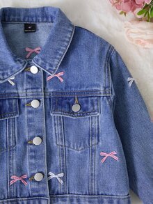 少女蝴蝶結刺繡圖案單排扣休閒日常牛仔夾克 牛仔女郎風 - 藍色 - 查看 3