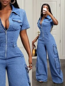SHEIN Tall Overall Denim Washed dengan Resleting dan Kantong Kargo untuk Wanita Tinggi, Modis, dan Bergaya. - Light Wash - View 7