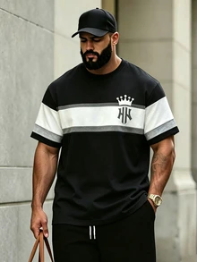 Manfinity Homme Kaos Lengan Pendek Leher Bulat Kasual Nyaman Ukuran Besar untuk Pria dengan Motif Mahkota Huruf - MultiWarna - View 3