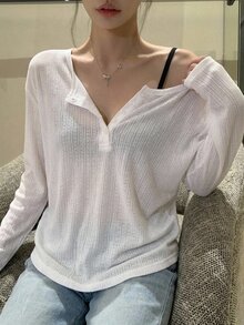 DAZY 女款百搭甜美鈕扣半開襟長袖T恤 - 白色 - 查看 6