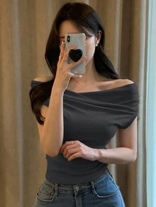 DAZY 女款純色交叉領露肩短袖春夏季T恤 - 灰色 - 查看 5