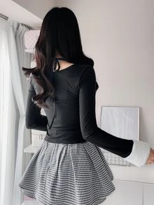 FRIFUL Women's Bowknot Decor Contrast Color Long Sleeve Fashion T-Shirt - Black - View 4