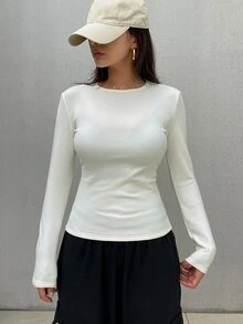 DAZY 女款保暖內裡修身純色T恤 - 米色 - 查看 10