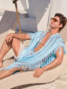 Ironwick Desain Fashion Baru Eropa & Amerika, Warna Polos, Kardigan Santai untuk Liburan, Kasual, dan Berumbai, Kemeja Pantai Bohemian Pria dengan Bagian Depan Terbuka - Biru - View 6