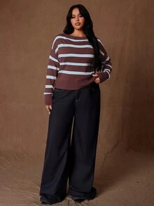 Rustia Plus Size Autumn/Winter Casual Colorblock Striped Sweater - Multicolor - View 6