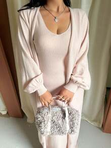 GalTyme Plus Size Casual Solid Color Cardigan Knit Dress, Autumn/Winter - Apricot - View 8