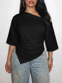 Slaydiva Casual Minimalist Black Plus Size T-Shirt - Black - View 9