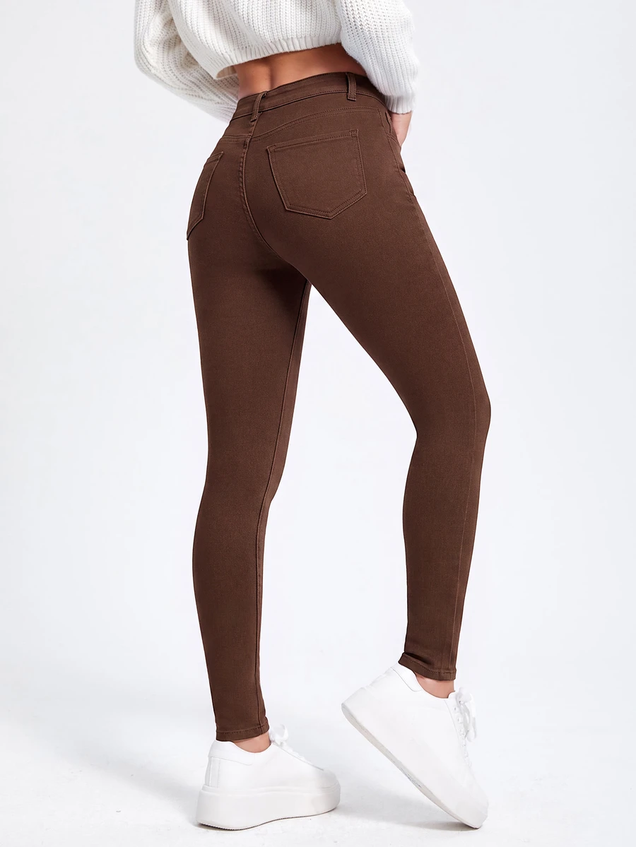 SHEIN ICON 女款休閒日常牛仔長褲,附口袋與鈕扣設計 - 咖啡棕 - 查看 1