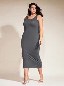 SHEIN BASICS 大尺碼純色緊身夏季女裝洋裝，優雅女款夏季穿搭洋裝 - 深灰色 - 查看 4