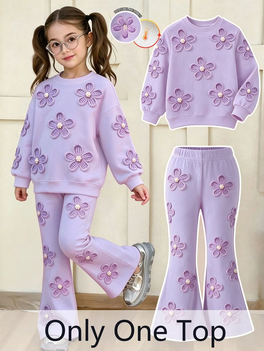 Young Girl Fashion Sweet Floral 3D Effect Print Long Sleeve Thermal Lined Sweatshirt Top Soft Fabric Suitable For Back To School Autumn/Winter - Multicolor - View 1