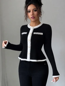 Elenzga Women's Colorblock Faux Pearl Decor Casual Versatile Cardigan - Black - View 3