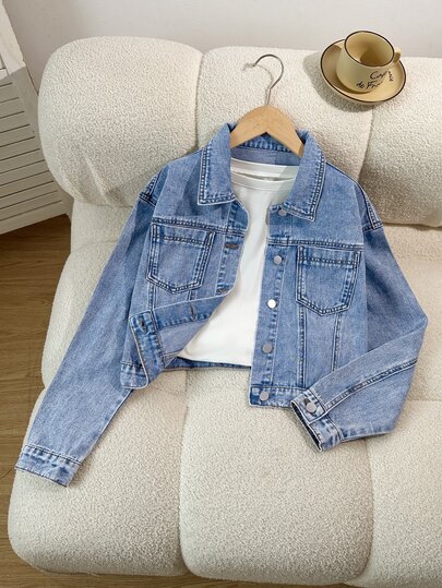 Teen Girls' Denim Jacket & Coat, All-Season New Casual Fashion Minimalist Versatile Classic Lapel Design, Front Double Patch Pockets, Snow Wash Light Blue Washed Denim Jacket Coat, Suitable For School, Casual, Vacation