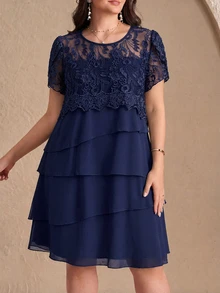 Reflora Plus Size Summer Elegant Solid Color Lace Patchwork Dress - Navy Blue - View 1