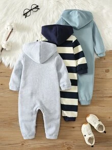SHEIN 男嬰卡通熊貼布連帽長袖連身衣 3件套 - 彩色 - 查看 2