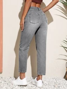 SHEIN PETITE 女款休閒百搭日常牛仔褲，附口袋與鈕扣設計 - 灰色 - 查看 2