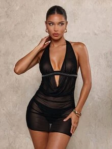 Glamine SHEIN Glamour Gaun Penutup Jala Seksi Wanita dengan Leher Berlipat untuk Liburan - Hitam - View 5