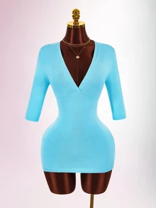 Amplova Women's V-Neck Blue Knit Dress - Blue - View 4