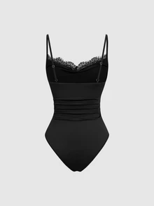 Sweetra Women's Fashion Elegant Comfortable Milk Silk & Lace Trim Bodysuit Set, Versatile & Unique, Multi-Color Combination - Multicolor - View 4
