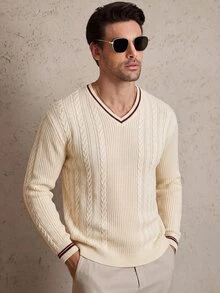 TONEVAULT Old Money Style V-Neck Cable Knit Ribbed Sweater, Men's Contrast Trim Casual Long Sleeve Pullover Jumper, Autumn/Winter - Apricot - View 1