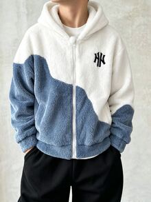 SHEIN 男童秋冬抓絨連帽字母印花夾克，校園夾克，運動夾克 - 彩色 - 查看 3
