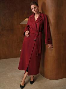 MOTF PREMIUM WOMEN'S WOOL LAPEL ELEGANT BACK SLIT LONG DOUBLE-FACED COAT, AUTUMN/WINTER - Burgundy - View 7