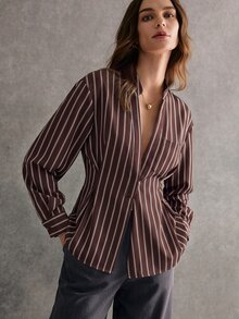 Poéselle 女款條紋長袖口袋設計休閒襯衫 - 棕色 - 查看 3