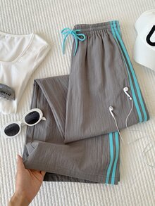 Comfortcana 女款棕色側條紋鬆緊腰休閒寬鬆運動長褲 秋季女裝 女款運動服 健身運動裝 國慶穿搭 - 灰色 - 查看 6