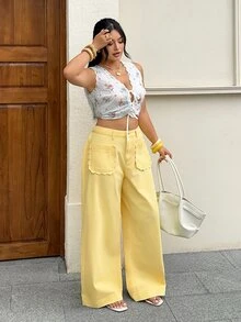 SHEIN CURVE+ Celana Jeans Denim Longgar dengan Kancing Saku Ukuran Plus - Kuning - View 4
