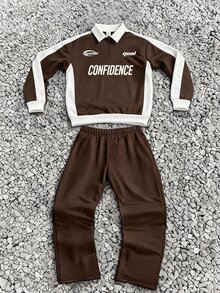 SHEIN 青少年男孩休閒舒適百搭拼色 Polo 領運動衫與長褲套裝 - 彩色 - 查看 1