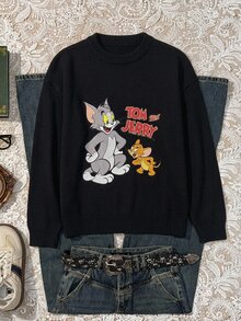 TOM & JERRY X SHEIN SHEIN EZwear 女款休閒卡通印花長袖針織衫，適合街頭穿搭 - 彩色 - 查看 7