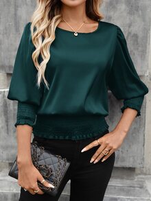 SHEIN LUNE 休閒夏季新年派對下擺抓褶襯衫 - 綠色 - 查看 4