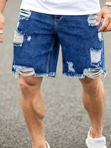 Slateforde Loose Fit Men's Cotton Ripped Frayed Raw Trim Denim Shorts - Medium Wash - View 1