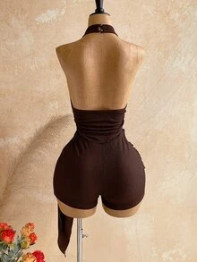 Soleia Women's Casual Brown Jumpsuit Summer Set, Paired With Gold Accessories, Suitable For Vacation, Beach Holiday And Other Occasions. - Brown - View 9