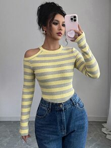 Resyla 女款條紋圓領長袖露肩休閒T恤 - 彩色 - 查看 4