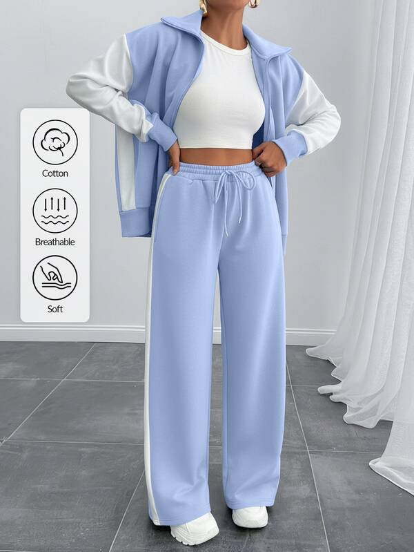 SHEIN Hanorac și pantaloni de trening pentru femei, mărime petite, cu guler înalt, detalii cu fermoar și culori contrastante