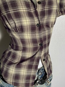 Attitoon 女款格紋休閒百搭短袖襯衫，適合日常穿著 - 紫色 - 查看 5