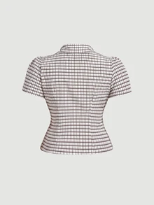 SHEIN MOD Plus Size Women's Single-Breasted Short Sleeve Pleated Plaid Shirt, Summer - Brown - View 2